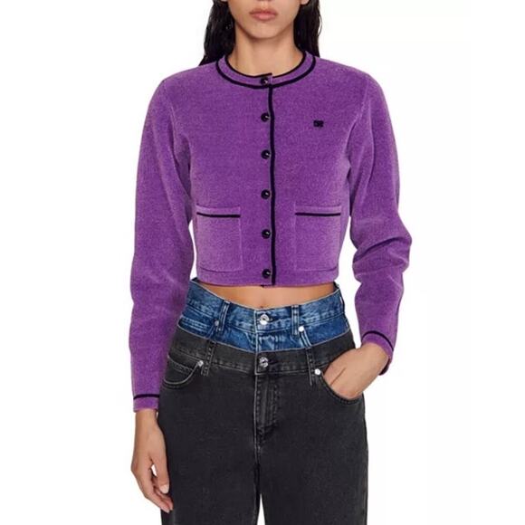 Sandro Firsty Velvet Effect Cropped Coatigan Cardigan Size S - Picture 1 of 8